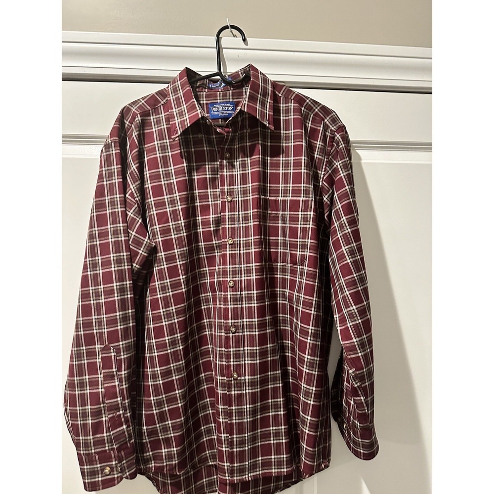 Sir Pendleton Mens Button‎ Down Shirt Plaid Maroon Navy Gold Wool Long Sleeve L